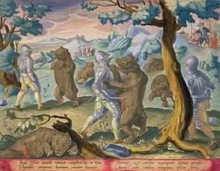 Mannen in zware wapenrusting vallen beren aan door ze in de vitale delen te steken, plaat 26 uit 